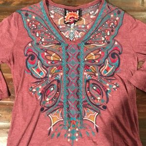 Johnny Was embroidered 3/4 long sleeve sleeve top